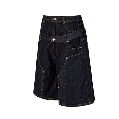 Fake Layered Double-Waist Wide Leg Denim Short Pants WN25667