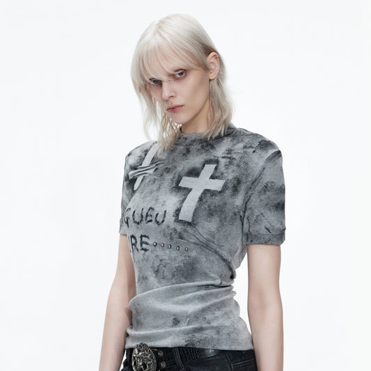Cross Dirty Wash Stud Stretch Short Sleeve T-Shirt WN26997