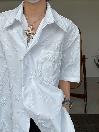 Embroidery Floral Two-Button Jacquard Short Sleeve Shirt WN20018