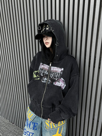 Cropped Washed Zip-Up Hoodie WN24189