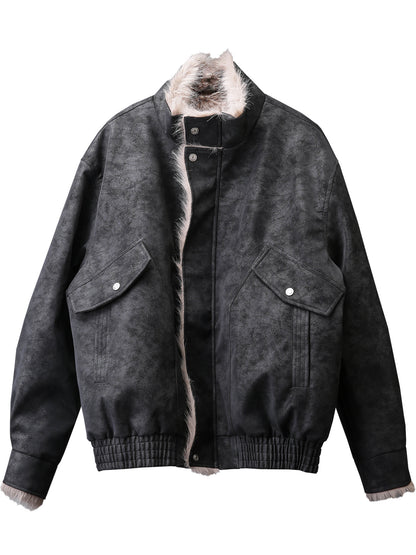 Fake Fur Collar Structural Suede Jacket WN22472