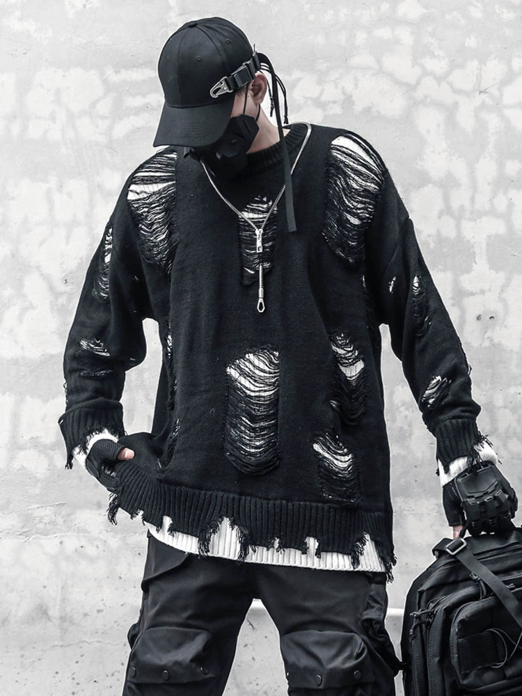 Damage Cutout Fake Layered Oversize Knit Sweater WN22309