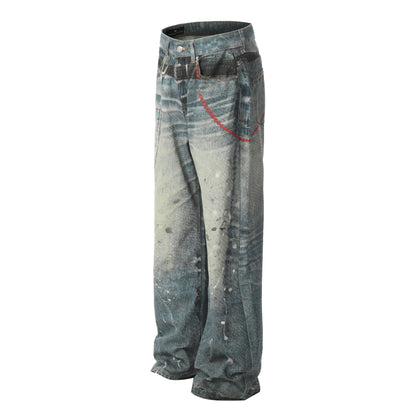 Washed Damage Wide Leg Straight Denim Jeans WN25896