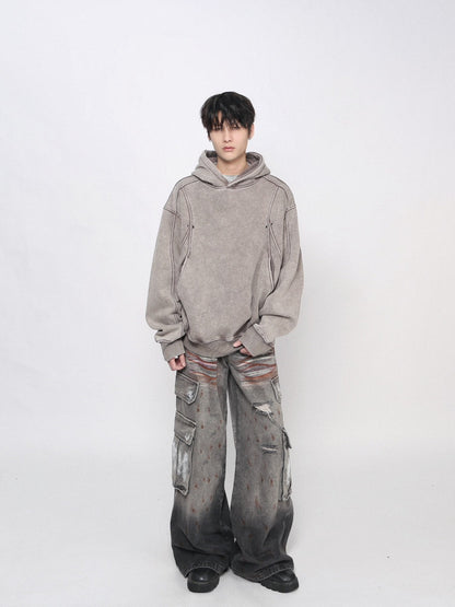 Washed Deconstructed Spliced Oversize Hoodie WN24463