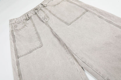Patch Pocket Washed Wide Leg Denim Jeans WN25947