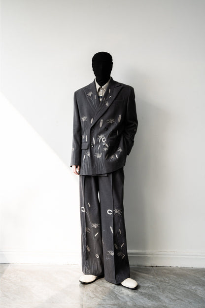 Floral Embroidery Double-Breasted Tailored Jacket & Wide-Leg Trousers Setup WN23641