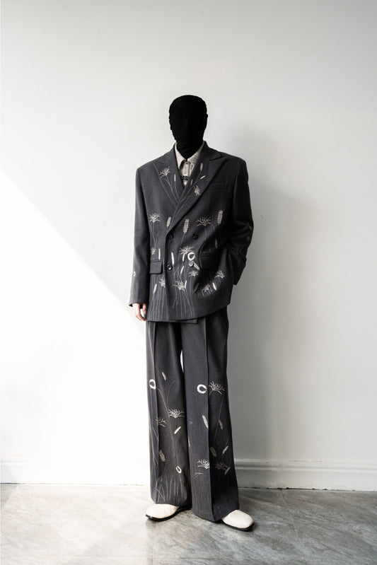 Floral Embroidery Double-Breasted Tailored Jacket & Wide-Leg Trousers Setup WN23641