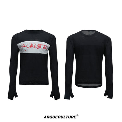 Mesh Stretch Embroidery Colorblock Long Sleeve T-Shirt WN20535