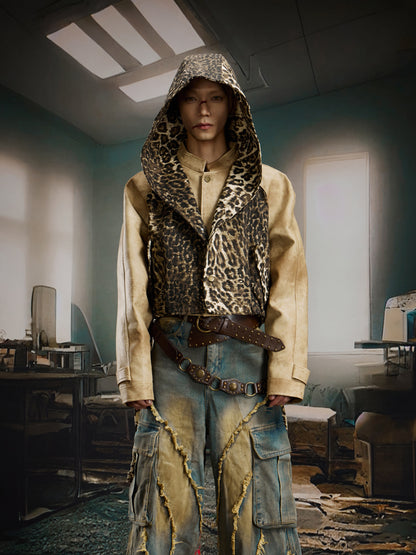 Deconstruction Patchwork Leopard Hooded PU Leather Jacket WN21381