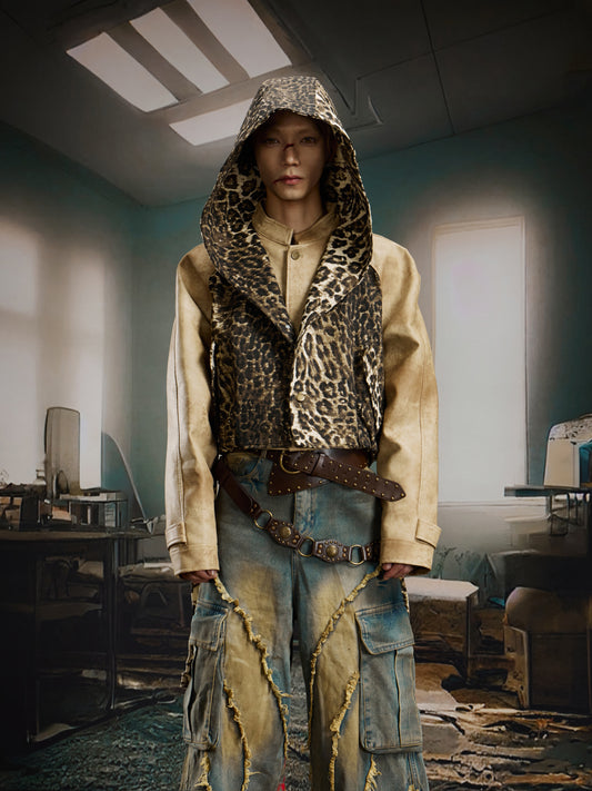 Deconstruction Patchwork Leopard Hooded PU Leather Jacket WN21381