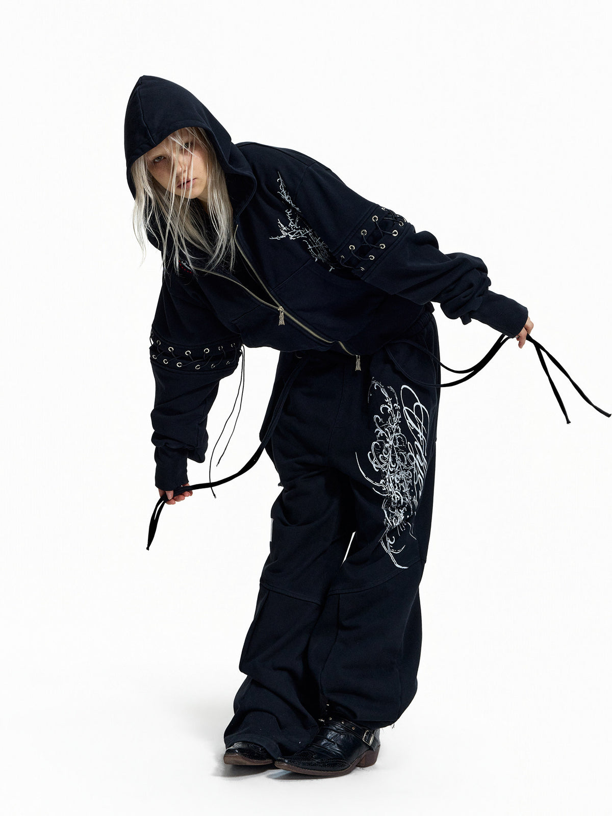 Stud Embroidery Zipper Hoodie & Cargo Wide Leg Pants Setup WN27439