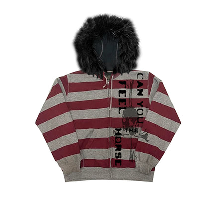 Skull Cross Wide Stripe Fake Fur Collar Zipper Hoodie WN20920