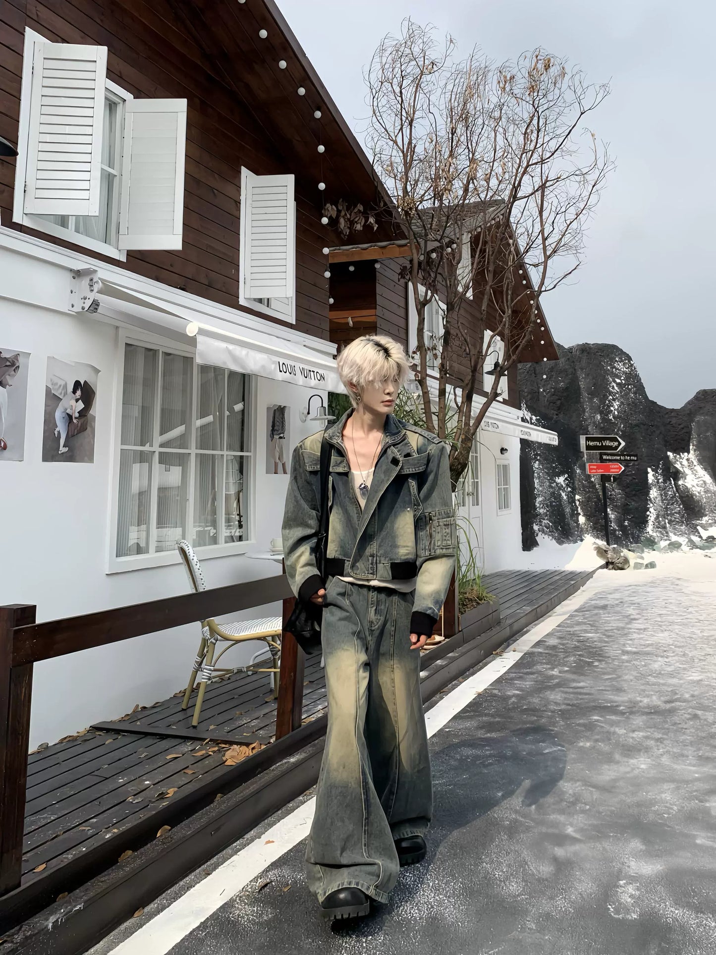 Washed Damage Denim Jacket & Wide Leg Denim Jeans Setup WN19934