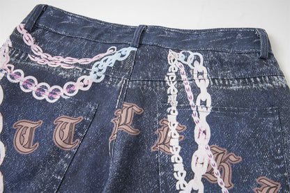 3D Chain Print Curved Leg Cropped Denim Pants WN26838