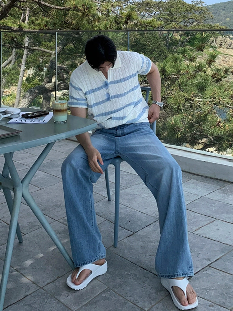 Cable Stripe Knit Lapel Short Sleeve Polo Shirt WN20322