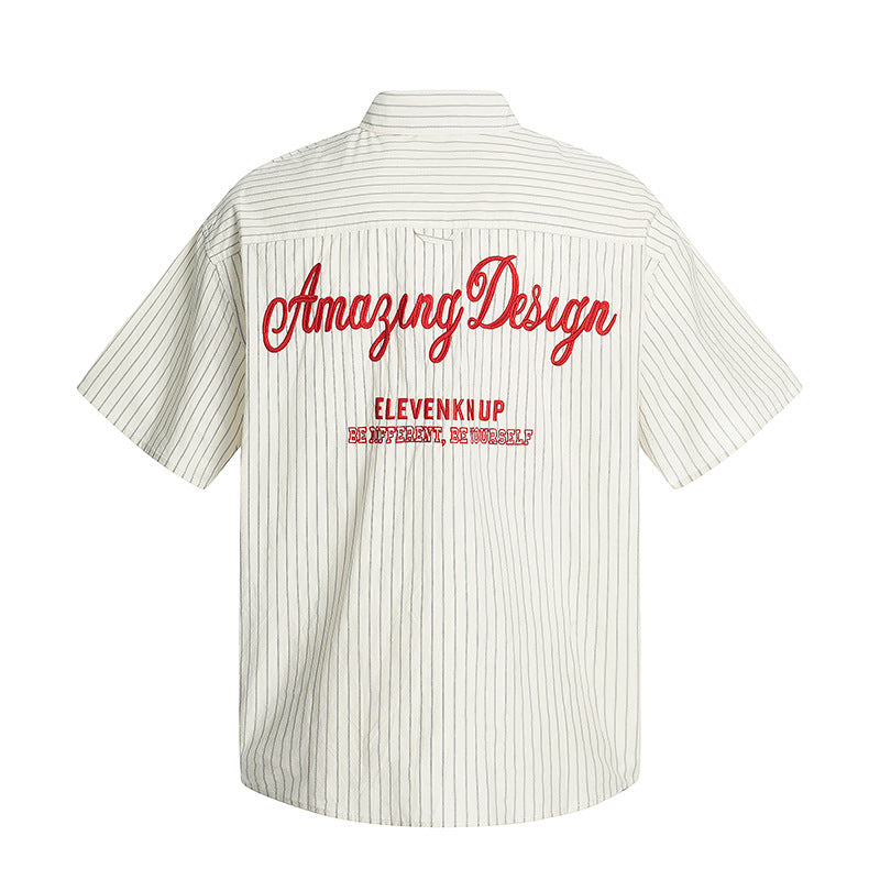 Embroidery Striped Turn-Down Collar Short Sleeve Shirt WN18537