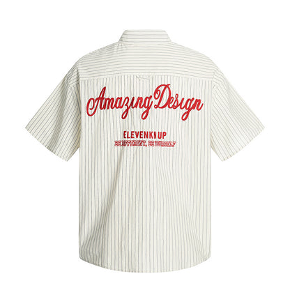 Embroidery Striped Turn-Down Collar Short Sleeve Shirt WN18537
