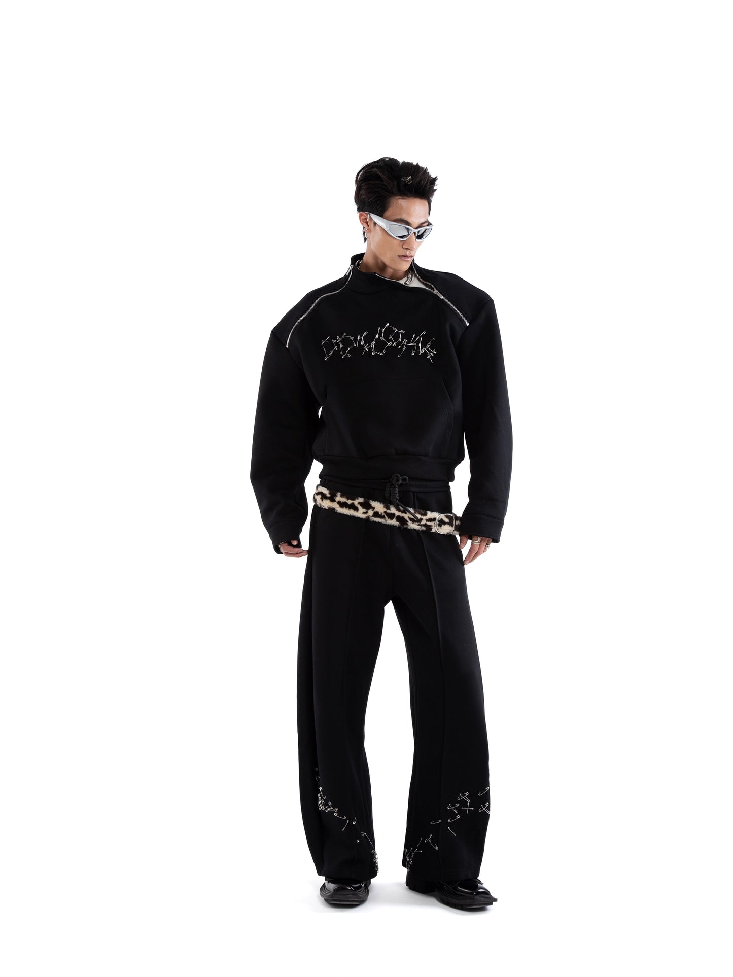 Pin Detail Stand Neck Zipper Sweatshirt &Wide Leg Pants Setup WN20649