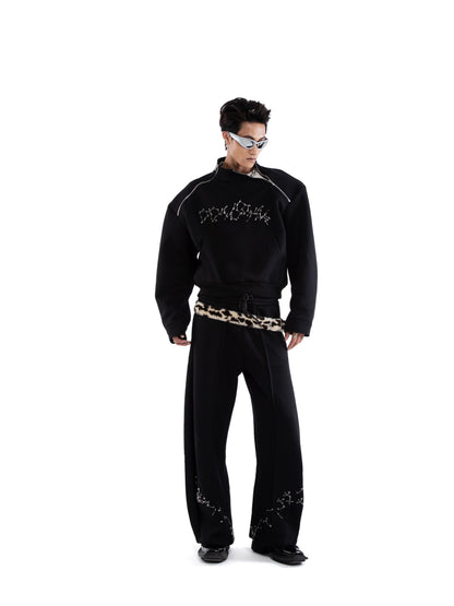 Pin Detail Stand Neck Zipper Sweatshirt &Wide Leg Pants Setup WN20649