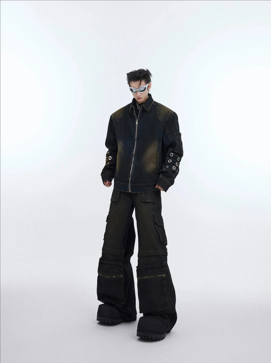 Zipper Wash Denim Jacket & Large Pocket Workwear Denim Jeans Setup WN4681