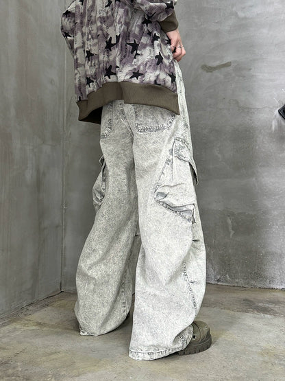 Washed Cargo Wide Leg Denim Jeans WN21168