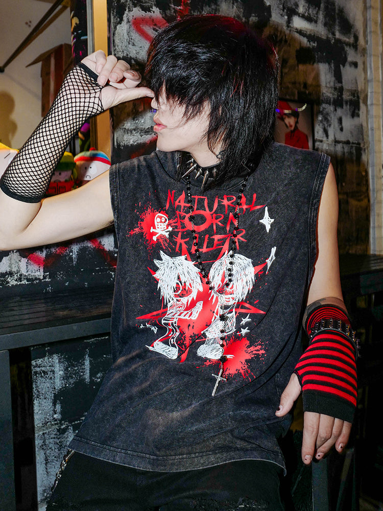 Graphic Design Washed Loose Sleeveless T-Shirt WN15903