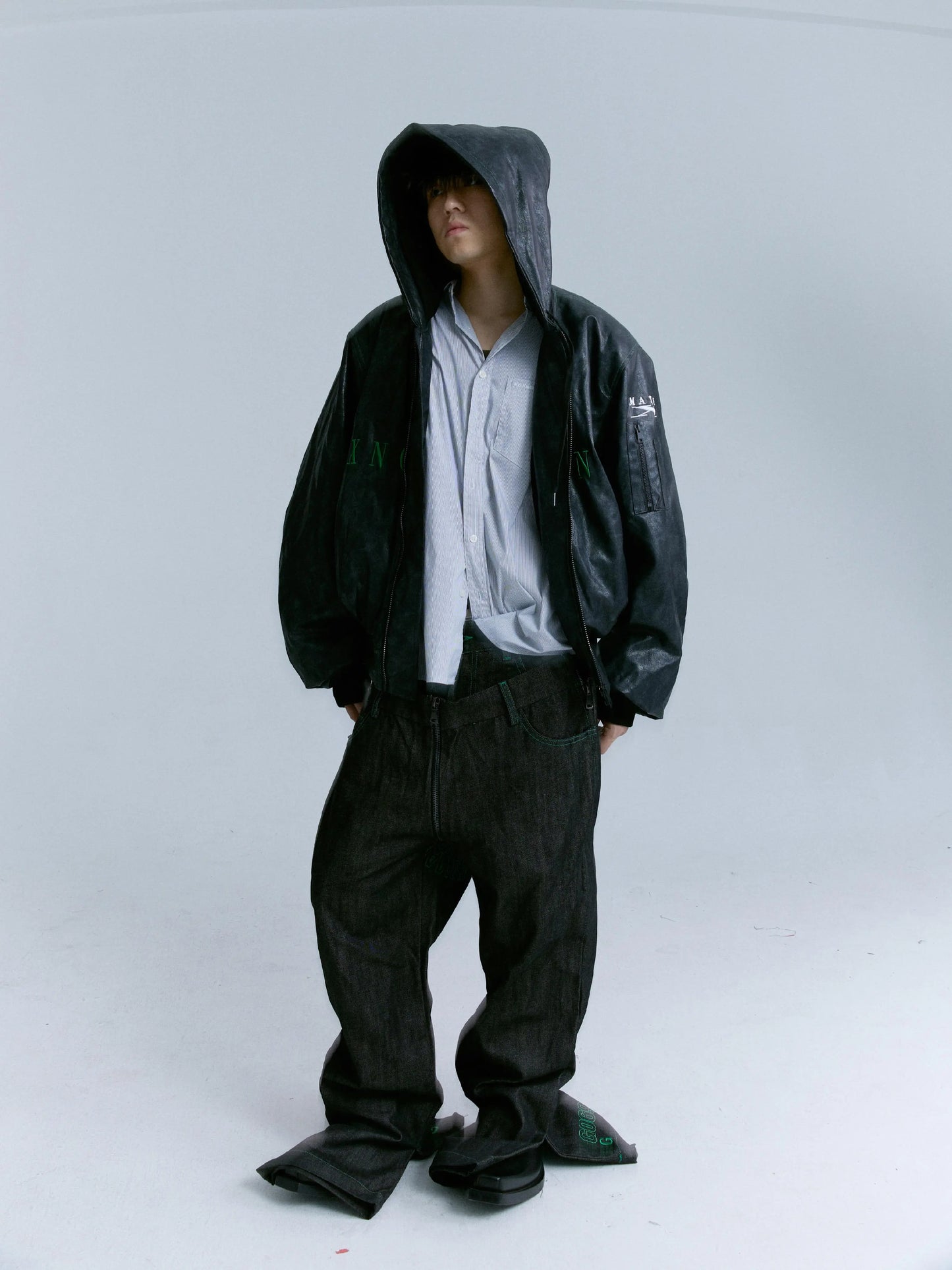 Cracked PU Leather Oversize Hooded Puffer Jacket WN17212