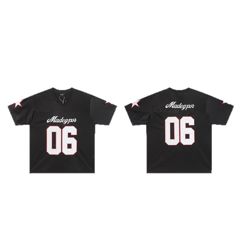 Appliqué Embroidery V-Neck Oversize Short Sleeve T-Shirt WN26567