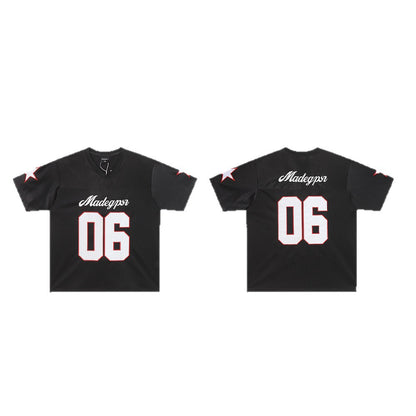 Appliqué Embroidery V-Neck Oversize Short Sleeve T-Shirt WN26567