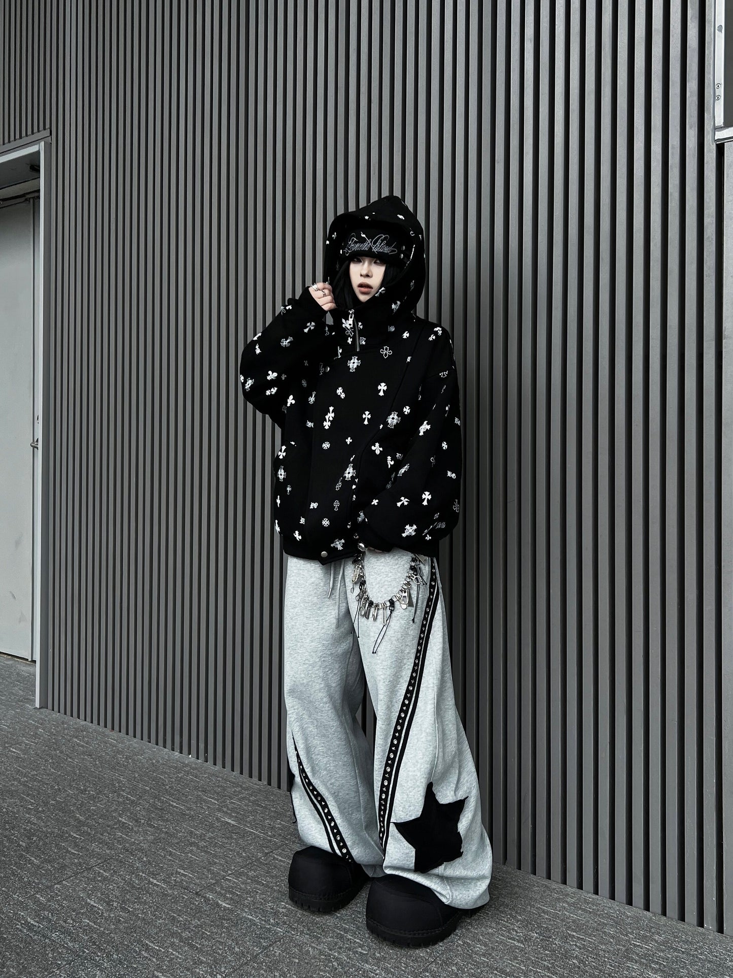 Deconstructed Patchwork Double Placket Print Zipper Hoodie WN24202