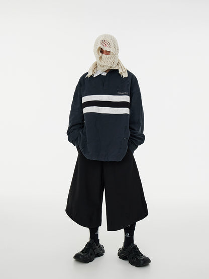 Washed Paint Damage Double Layer Irregular Collar Long Sleeve T-Shirt WN17005