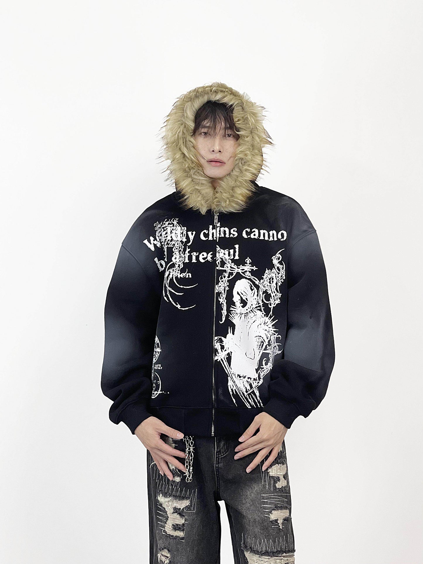 Fake Fur Collar Heavyweight Oversize Zipper Hoodie WN24276