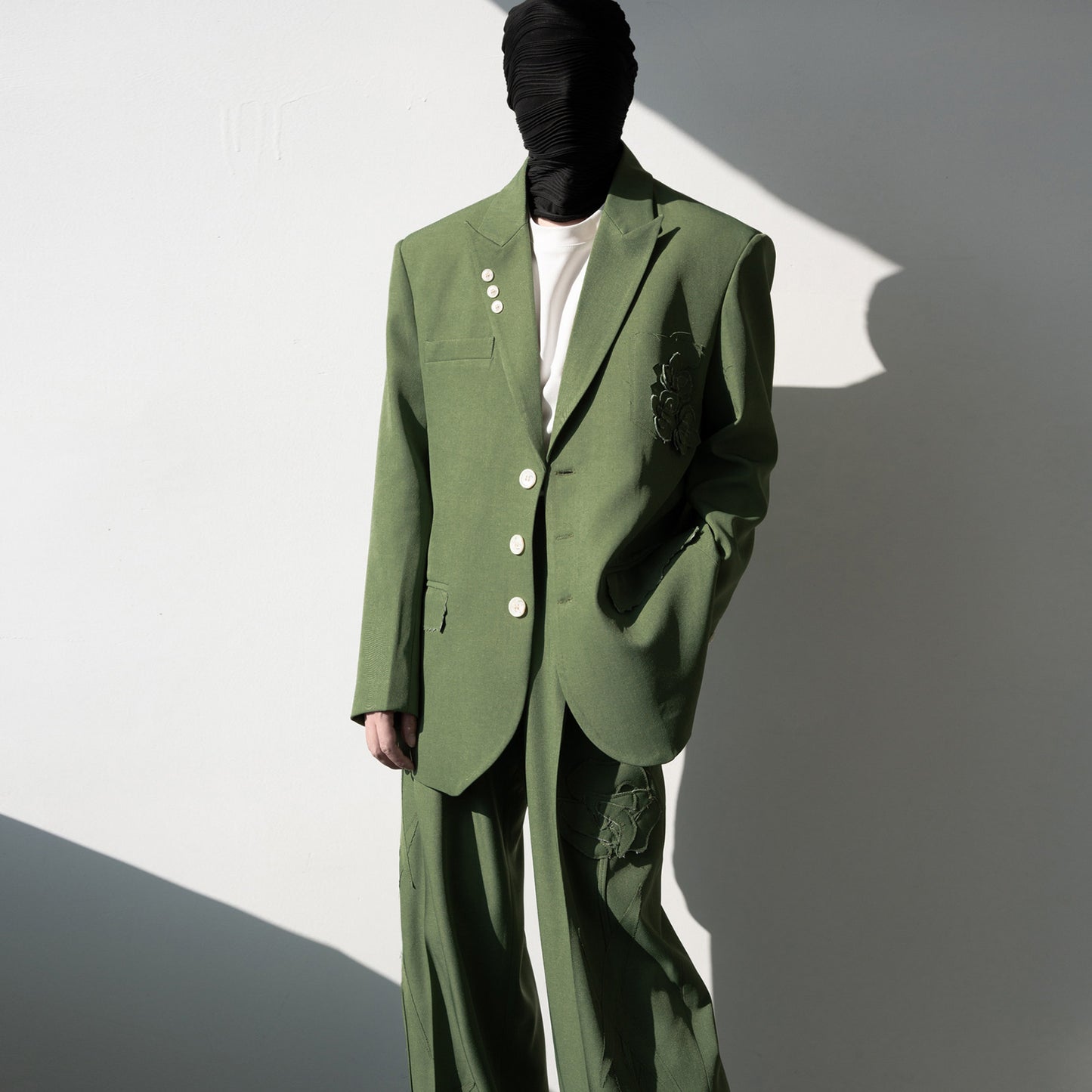 Flower Design Asymmetric Pocket Tailored Jacket & Trousers Setup WN23840