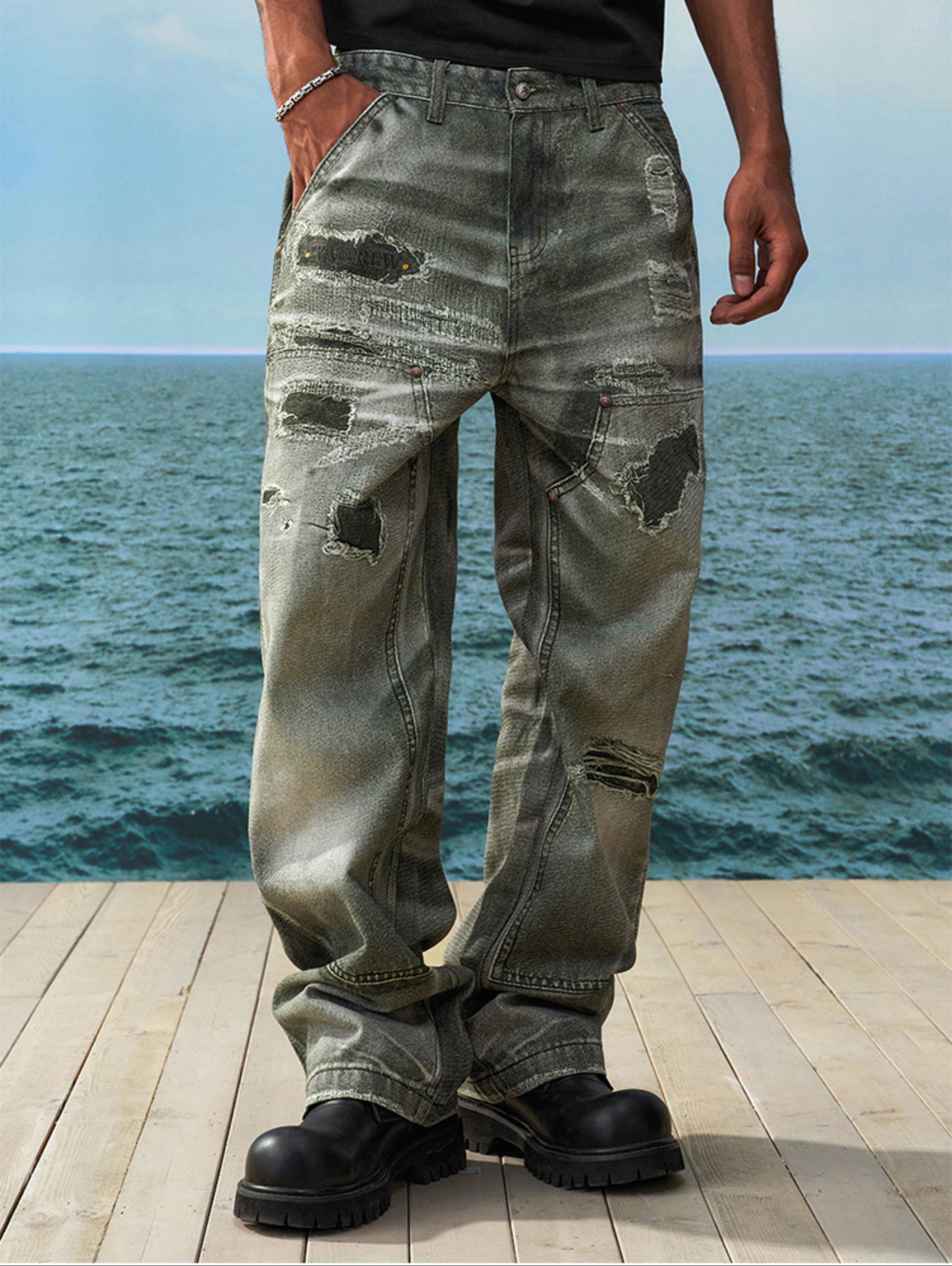 Damage Wash Straight Denim Jeans WN23221