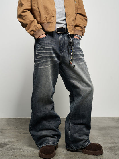 Wash Damage Wide Leg Straight Denim Jeans WN22933