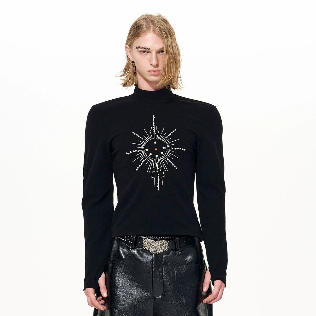 Embroidery Pearl High-Neck Long Sleeve T-Shirt WN22644