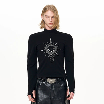 Embroidery Pearl High-Neck Long Sleeve T-Shirt WN22644