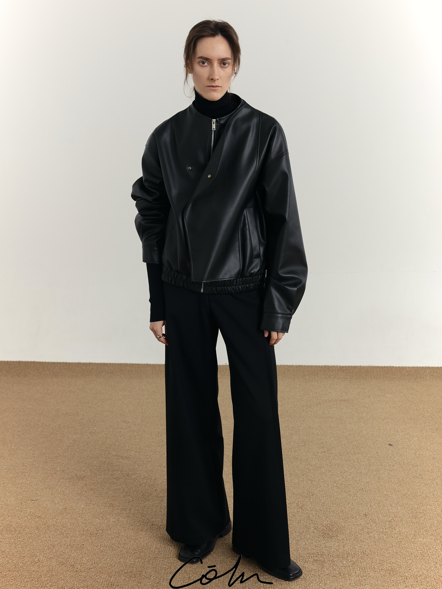 Curved Placket Zipper PU Leather Jacket WN21650