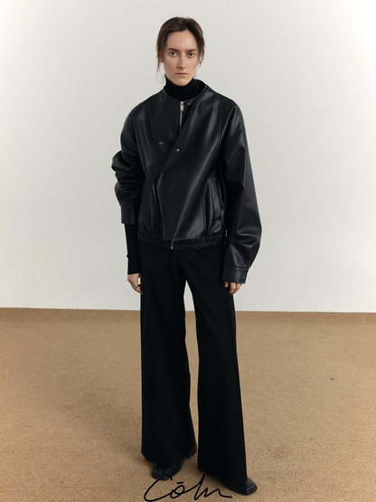 Curved Placket Zipper PU Leather Jacket WN21650