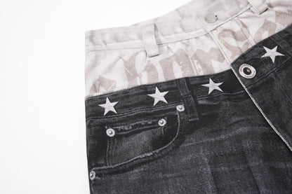 Star Damage Washed Wide Leg Denim Jeans WN25519