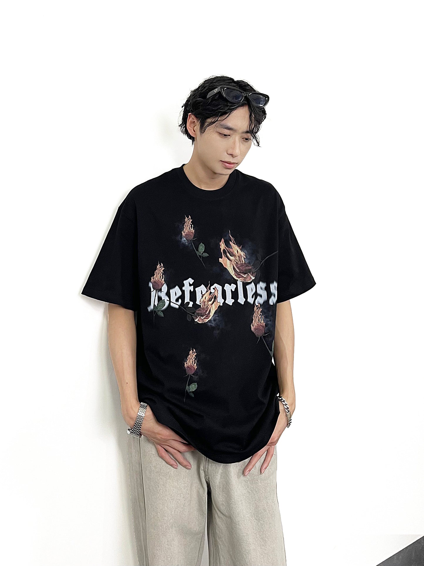 Flame Rose Print Short Sleeve T-Shirt WN24261