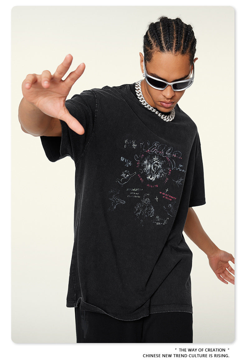 Washed Angel Print Round Neck Short Sleeve T-Shirt WN7833