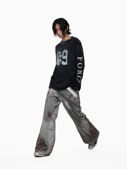Hole Washed Stain Button-Cuff Long Sleeve T-Shirt WN27302