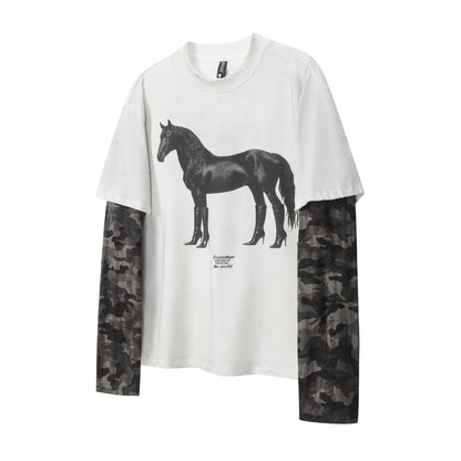 Leopard Horse Print Fake Layered Long Sleeve T-Shirt WN25784