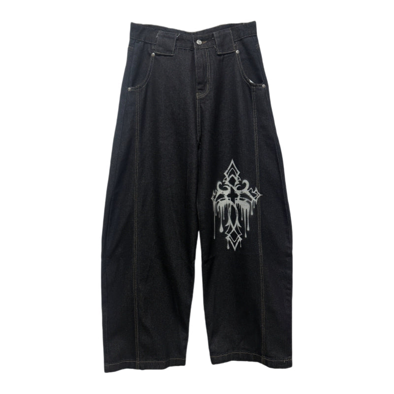 Ink Drop Thorn Scimitar Cross Wide Leg Denim Jeans & Skull Belt & Scarf WN20120