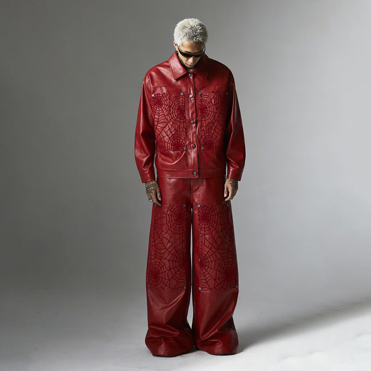 PU Leather Embroidery Wide Leg Pants WN23060