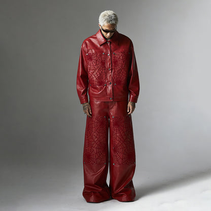 PU Leather Embroidery Wide Leg Pants WN23060