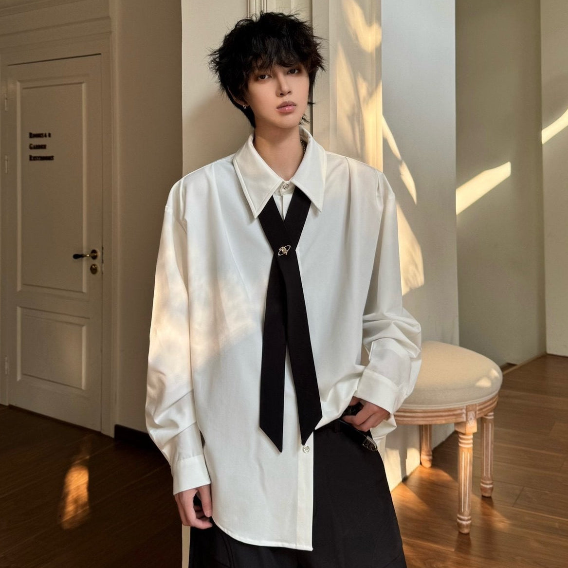 Design Cross Tie Oversize Long Sleeve Shirt WN23174