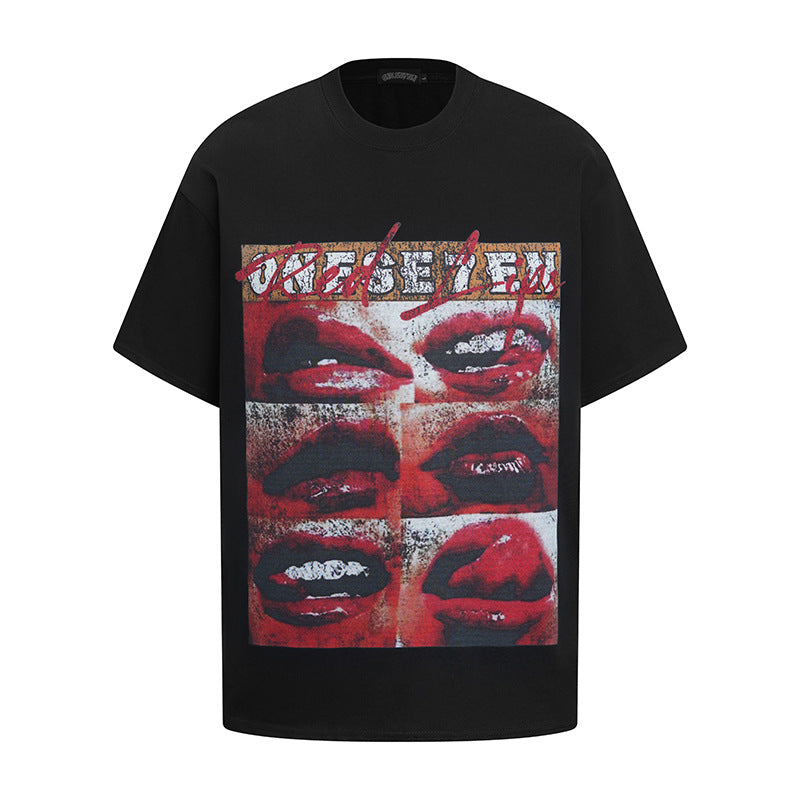 Lips Print Washed Oversize Short Sleeve T-Shirt WN18592