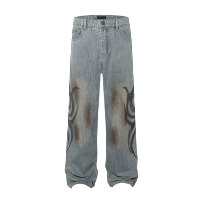 Mud Dyed Hand-Paint Wide Leg Floor Length Denim Jeans WN8705